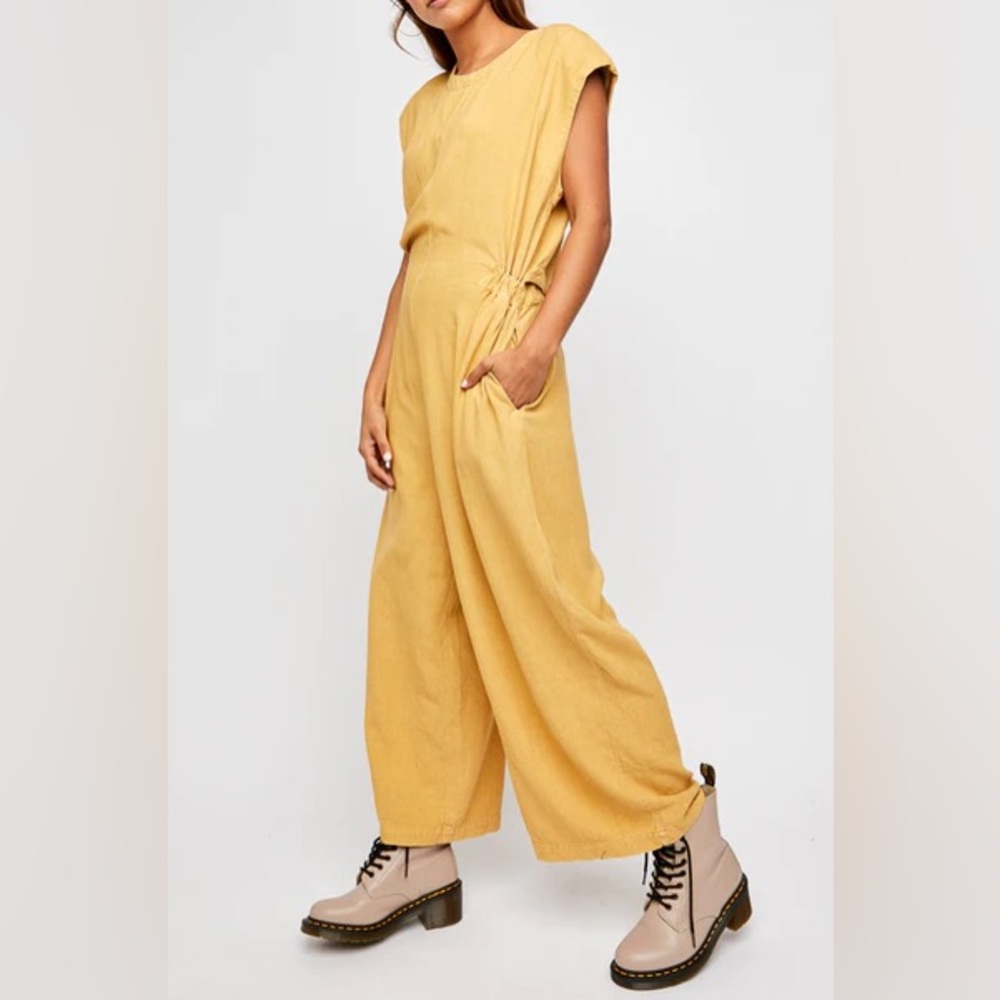 NWT Free People Heat Wave Open Back Yellow Jumpsuit Size Medium